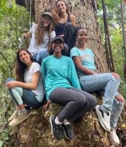 A group of diverse and smiling college-aged young women sit on a large tree.