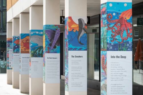 The columns and poems on a building in Exeter, UK, showcase children’s poems from the We Are the Ocean anthology developed with Emirates Literature Foundation and the British Embassy in United Arab Emirates, supported by Princesshay/Crown Estate.