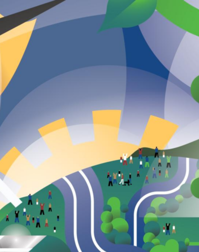 Graphic with roadway moving towards the sun