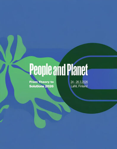 Blue and green abstract illustration of leaves with the text 