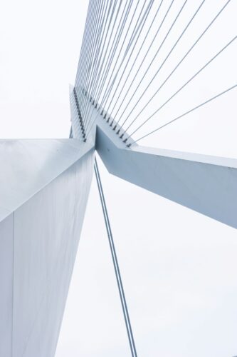 Abstract view of the suspension cables of Erasmus Bridge in Rotterdam, The Netherlands. Photo by Yvonne Einerhand.