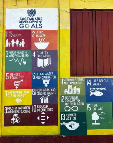 A community centre in Portsmouth, Dominica sets out sustainable goals in a graphic way. Photograph by John Cameron.