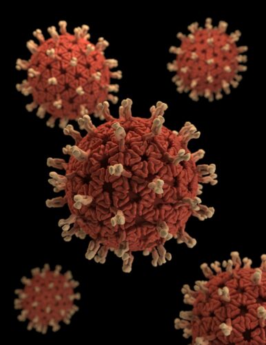 This illustration provided a 3D graphical representation of a number of Rotavirus virions, set against a black background.