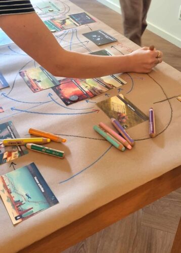 Close-up of a participant highlighting key connections during a Planetary Boundaries Fresco session in Leiden, the Netherlands.