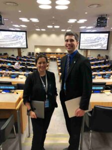 Photo of Dr. Rebecca Helm of Georgetown University and Matthew Carvalho at the BBNJ negotiations.