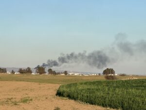 A wheat field in the foreground with a burning smokestack in the background
